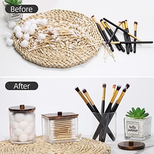 Tbestmax 3 Pack Qtips Holder Bathroom Container, 10 oz Cotton Ball/Swabs Dispenser, Apothecary Jar Organizer for Storage Brown Wood Lids - Image 4