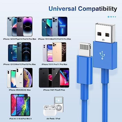 3 Pack Apple MFi Certified iPhone Charger Cable 6ft, Apple Lightning to USB Cable Cord 6 Foot, 2.4A Fast Charging Apple Phone Long Chargers for iPhone 14/13/12/11/11Pro/X/XS/XR/XS Max/8/7/6 Blue - Image 6
