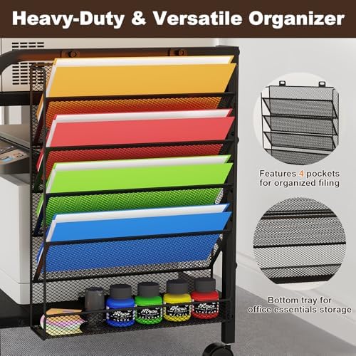 EasyCom Large Printer Stand with Storage, File Holder & Wheels, Black - Image 3