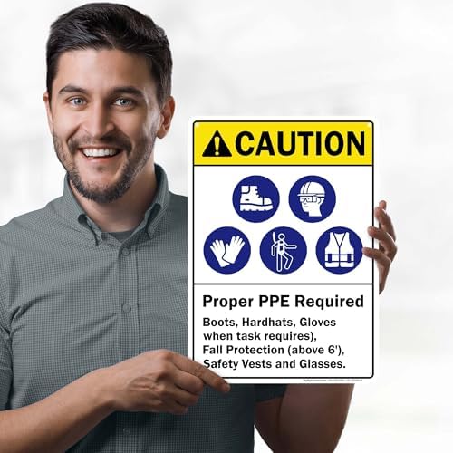 Caution Proper Ppe Required Boots Hardhats Gloves Safety Vests And Glasses Sign, 10x14 Inches, 55 mil thick HDPS (high density polystyrene), Made in USA by My Sign Center - Image 2