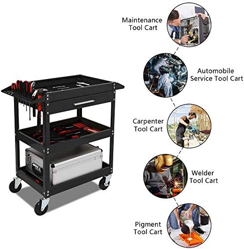 TUFFIOM 3 Tier Rolling Tool Cart on Wheels with Drawer, 330 LBS Capacity, Heavy Duty Commercial Utility Tool Service Cart, Tool Organizer for Mechanic, Garage, Warehouse & Repair Shop - Image 5
