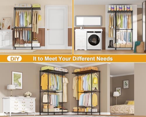ULIFHOME E14 Pro Heavy Duty Clothes Rack，Freestanding Clothing Racks for Hanging Clothes，Adjustable Closet Organizers and Storage，Metal Garment Rack with Shelves 69"W x16"D x77"H，Max Load 960LBS，Black - Image 5
