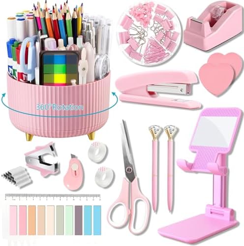 Pink Office Supplies,Desk Accessories,Desk Organizer,Phone Stand,Scissors,Stapler,Tape Dispenser,Binder clips,Staples,staple remover,Sticky Notes,Index Tabs,Clear Tape,Mini Box Cutter,Cool Pen 16pcs by suniya