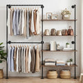 Industrial Pipe Clothing Rack with Double Hanging Rods Wall Mounted Garment Hanger Large Capacity Heavy Duty Clothes Organizer Wooden Clothes Storage Shelves for Walk In Closet Storage/Laundry Room by Unknown
