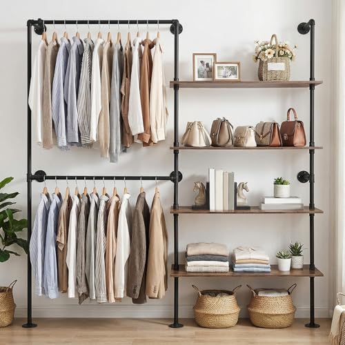 Industrial Pipe Clothing Rack with Double Hanging Rods Wall Mounted Garment Hanger Large Capacity Heavy Duty Clothes Organizer Wooden Clothes Storage Shelves for Walk In Closet Storage/Laundry Room by Unknown