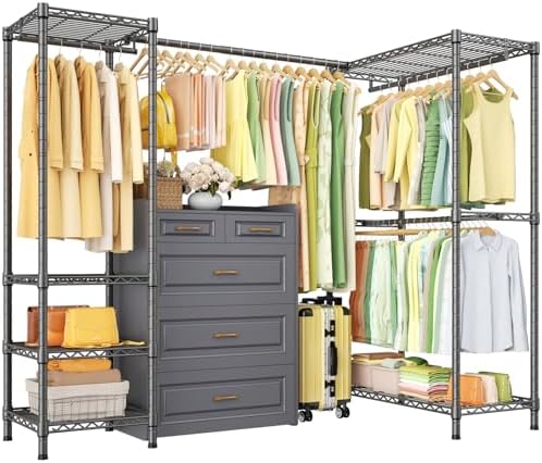 ULIFHOME E10L L-Shaped Clothes Rack for Corner（With Expandable Hanger Rod）Heavy Duty Freestanding Clothing Racks for Hanging Clothes，Portable Garment Rack 58-82"W x 30"D x 72"H，Max Load 900LBS，Grey by UlifHome