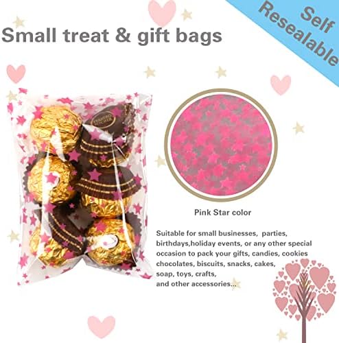 COQOFA 100 Pcs Star Printed Sealable Gift Wrap Cello Cellophane Bags Self sealing Adhensive Treat Bags Party Favor bags (7x10inch, Pink) - Image 3