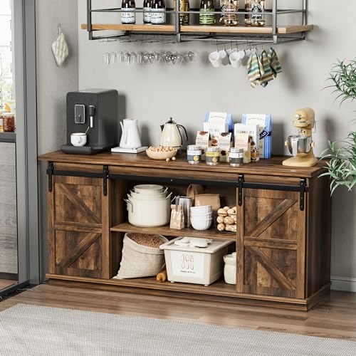 Shahoo Farmhouse Sideboard Buffet Cabinet, Coffee Bar Storage with Sliding Barn Doors, Shelf for Home Dining Room, Barnwood - Image 3