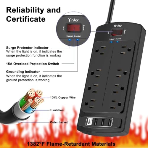 Yintar 6Ft Surge Protector Power Strip with 8 Outlets and 4 USB Ports - Image 6