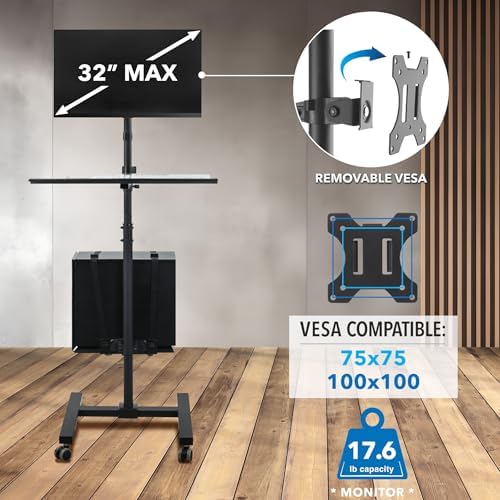 Mount-It! Rolling Computer Cart on Wheels, Mobile Desk Workstation with Monitor Mount for up to 32" Screen, Full Keyboard Tray, Floating Adjustable CPU Holder, Standing up to 70" Tall - Image 6