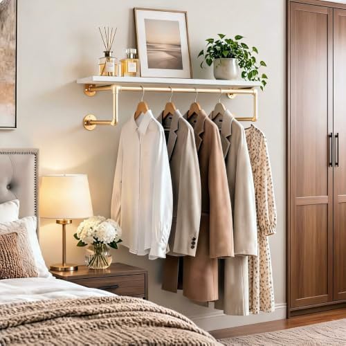 36 Inch Industrial Pipe Clothing Rack with Shelves, Gold Wall Clothes Racks - Image 3