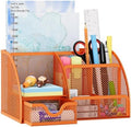 EasyPAG Mesh Desk Organizer with Drawer Multi-functional Pen Holder Stationery Organizer for Office School Supplies 6 Compartments Dorm Organizers and Storage for Desk, Orange by EasyPAG