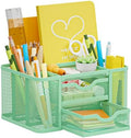 Marbrasse Mesh Desk Organizer, Pen Organizer with 2 Drawer, Multi-Functional Pencil Holder, Desk Organizers and Accessories with 5 Compartments + Drawer for Office Art Supplies (Green) by Marbrasse
