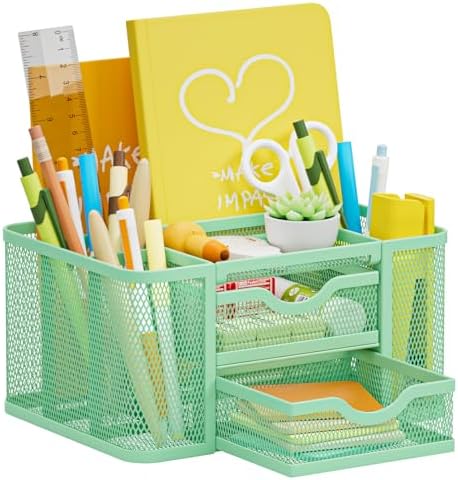 Marbrasse Mesh Desk Organizer, Pen Organizer with 2 Drawer, Multi-Functional Pencil Holder, Desk Organizers and Accessories with 5 Compartments + Drawer for Office Art Supplies (Green) by Marbrasse