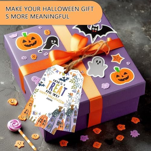 Halloween Paper Gift Tags with String-50Pcs, Here's A Treat for You Happy Halloween Tags for Goodie Bags, 2 x 3.5 Inch Writable Waterproof Hanging Labels for Decor Party Supplies, Gift Wrapping-B07 - Image 4