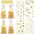 COQOFA 100 Pcs Gold 5"X11" Gift Wrap Cellophane Treat Bags Clear Party Favor Candy Cookie Bags Plastic Goodie Storage Bag with Twist Ties for Birthday, Wedding,Party Decorations(4 Patterns) by COQOFA