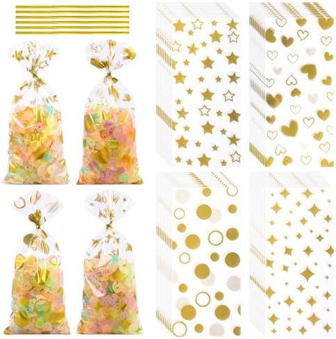COQOFA 100 Pcs Gold 5"X11" Gift Wrap Cellophane Treat Bags Clear Party Favor Candy Cookie Bags Plastic Goodie Storage Bag with Twist Ties for Birthday, Wedding,Party Decorations(4 Patterns) by COQOFA