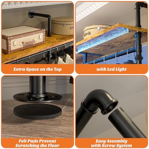 Aheaplus Industrial Pipe Clothing Rack, 118.3'' Closet System with RGB LED - Image 3