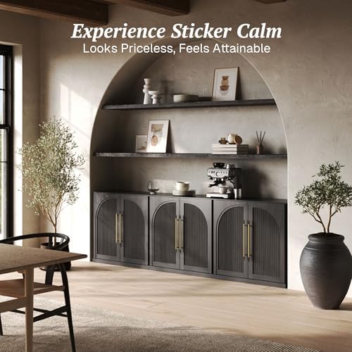 BELLEZE 3 Tier Bookshelf with Double-Arc Door, Set of 2 Modern Bookcase Shelf with Storage and Adjustable Shelves, 65'' Arched Buffet Wood Bookshelves for Living Room Office Entryway (Ebony) - Image 4