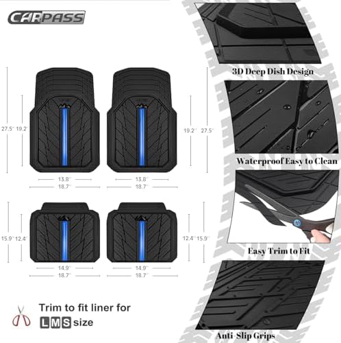 CAR PASS Metal Medium Rubber Floor Mats for Car Heavy Duty Car Mats All Weather, Universal Trim to Fit for Truck SUV Vehicle Automotive Floor Mats, Waterproof Car Mats 4 Piece Black Bule - Image 3