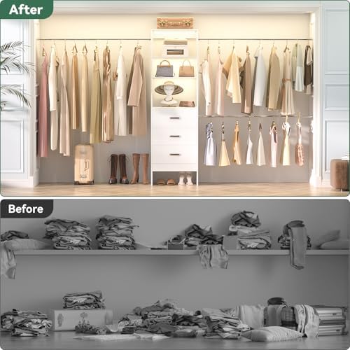 Besiost 96'' Closet Organizer System with 3 Hanging Rods, 8FT Closet Organizers and Storage with 3 Wooden Drawers, Built in Closet Organizer Systems, Adjustable Walk-in Wardrobe from 5-8FT, White - Image 4