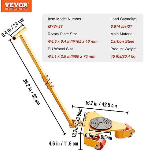 VEVOR Machinery Skate Dolly, 6614 LBS/3T Industrial Machinery Mover with Handle, Carbon Steel Machinery Moving Skate with 3 360° Swivel PU Wheels, 360° Rotation Non-Slip Cap for Warehouse, Workshop - Image 7