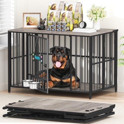 Easycom 43" Dog Crate Furniture Foldable, No Assembly Decorative Dog Kennel Indoor, XL Dog Crates for Large Dogs (60-80 lbs), Wooden Dog Cage with Adjustable Bowls and Name Tag, Oak Grey by EasyCom