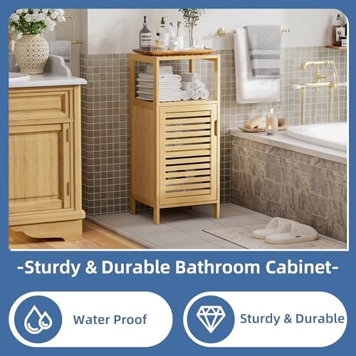 HITNET Bathroom Cabinet Freestanding, Small Bamboo Floor Cabinet, 4 Tier Single Door Sofa Side Table Storage Organizer, Space Saving Kitchen Cupboard, Natural - Image 5