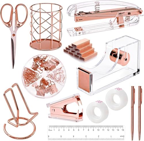 suniya Office Supplies,Rose Gold Desk Accessories,with Stapler,Tape Dispenser,Pen Holder,Scissors,Phone Stand,Staple Remover,Ballpoint Pen,Clear Tape,Staples,Ruler,Clips,Best Gift for Business or Boss by suniya