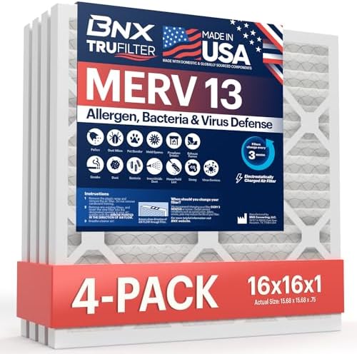 BNX TruFilter 16x16x1 Air Filter MERV 13 (4-Pack) - MADE IN USA - Electrostatic Pleated Air Conditioner HVAC AC Furnace Filters for Allergies, Pollen, Mold, Bacteria, Smoke, Allergen, MPR 1900 FPR 10 by BNX