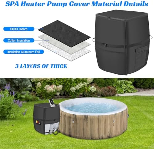 Hot Tub Spa Heater Pump Cover,Waterproof 600D Oxford Fabric Aluminum Film Insulated Cover,Inflatable Hot Tub Spa Heater Pump,Easy Installation with Zipper and Adhesive Straps,Black,Square - Image 5
