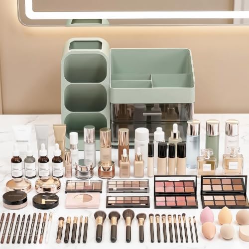 Large Capacity Makeup Organizer Countertop with Makeup Brush Holder for Vanity (Green) - Image 4