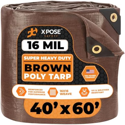 40' x 60' Super Heavy Duty 16 Mil Brown Poly Tarp Cover - Thick Waterproof, UV Resistant, Rip and Tear Proof Tarpaulin with Grommets and Reinforced Edges - by Xpose Safety by XposeSafety