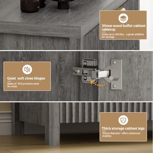 Lulive Fluted Buffet Cabinet for Kitchen, 28.3" Sideboard Cabinet Grey - Image 4