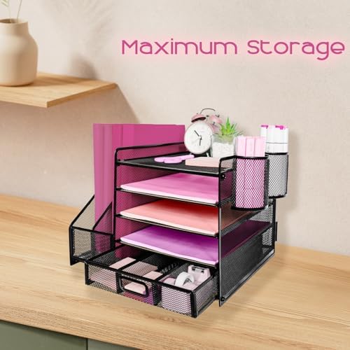 Desk Organizers and Accessories with File Holder, 5-Tier Paper Letter Tray Organiser with Drawer and 2 Pen Holder, Mesh Desktop Document Organizer for Office Supplies, Workspace - Black - Image 7