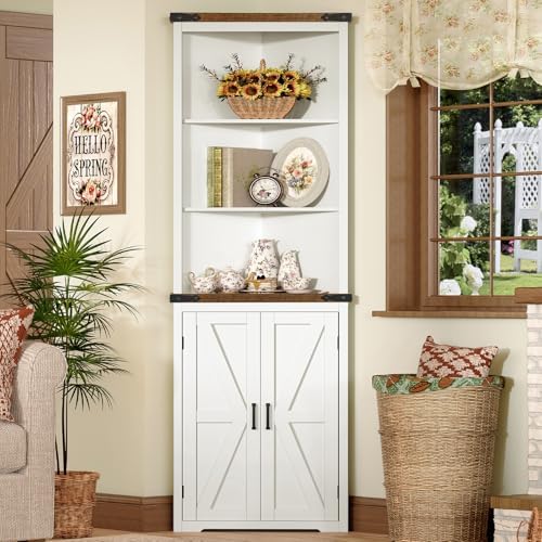 TEENFON Farmhouse Corner Cabinet, 70" H Tall Corner Hutch with 5 Shelves & 2 Barn Doors, Bathroom Cabinet with Adjustable Shelf, for Living Room, Kitchen, Bathroom, White - Image 2