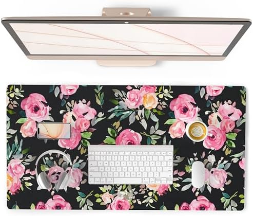 QiyI PU Leather Large Mouse Pad, Office Décor, 31.5" x 15.7", Pink Flowers by QIYI