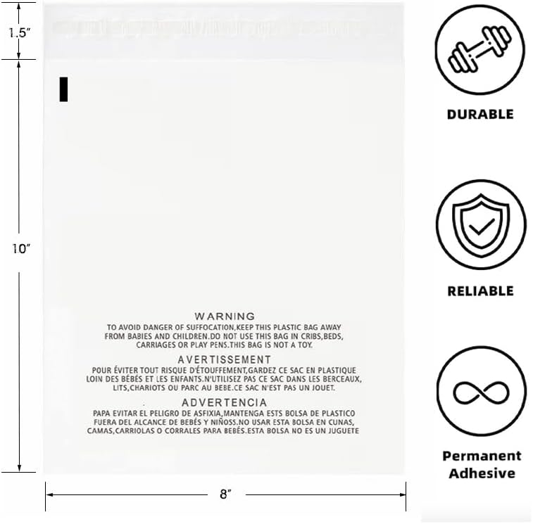 POLYSELLS 200 Count 8x10” Clear Poly Bags with Suffocation Warning Self-Sealing Plastic Bags for Shipping, Retail Packaging, T-Shirts & Clothing - Permanent Adhesive - Image 2