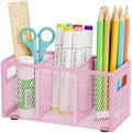 Marbrasse Mesh Pen Holder for Desk, Pencil Holder Desk Organizer 3 Adjustable Compartments, Pencil Cup with Handle Perfect for Classroom, Office, Home, Makeup, Art (Pink) by Marbrasse