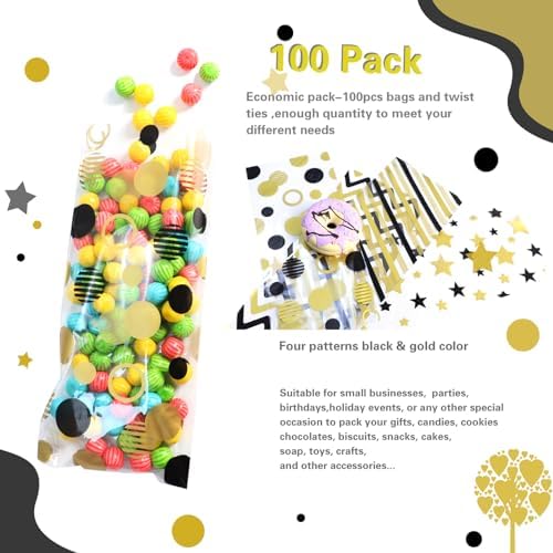 COQOFA Black Gold 5"X11" Gift Wrap Cellophane Cello Bags: Clear Candy Cookie & Plastic Goodie Storage Treat Party Favor Bags with Twist Ties - 100 Pcs for Graduation, Birthday & Retirement - Image 4