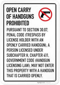No Open Carry of Handgun Prohibited Texas §3007 Sign, by SigoSigns