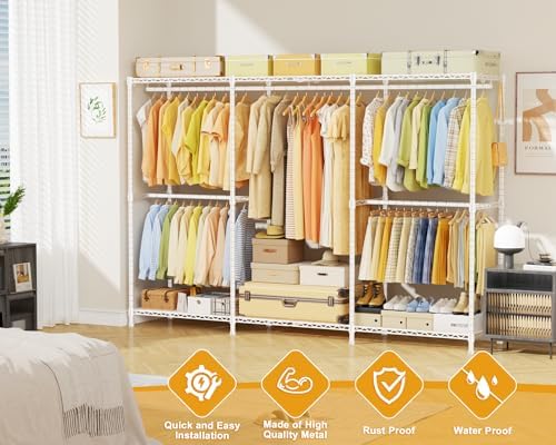 ULIFHOME E14 Max Heavy Duty Clothes Rack，Freestanding Clothing Racks for Hanging Clothes，Adjustable Closet Organizers and Storage，Metal Garment Rack with Shelves 86"W × 16"D × 77"H，Load 1060LBS，White - Image 4