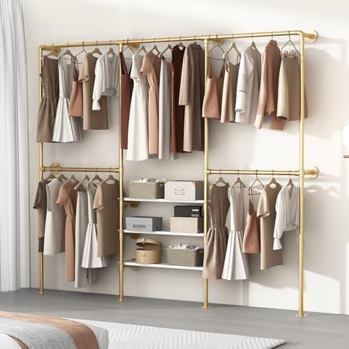 Industrial Pipe Clothing Rack, Gold Clothing Rack with Shelves, Wall Mounted Clothes Rack Heavy Duty Closet Organizers Wardrobe Multi-Purpose Storage Clothes Hanging Shelf- 94.5''L Gold by Unknown