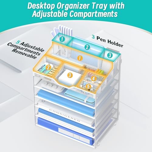 6 Tier Mesh Paper Desk Organizer with Pen Holders, White - Image 5