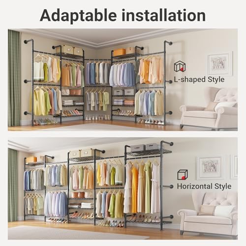 Timate F5 Expandable Wall Mounted Clothes Rack with 8 Adjustable Shelves & 4 Expandable Hanger Rods, Heavy Duty Industrial Pipe Clothing Rack for Hanging Clothes, Fits Spaces 10'3"- 12'3", Black - Image 3