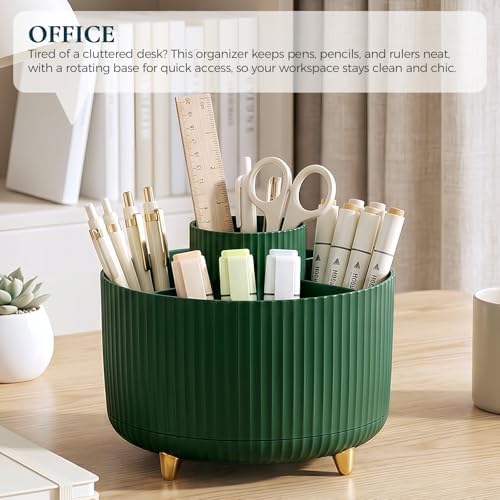 KONVINIT Pencil Pen Holder for Desk, 5 Slots 360-Degree Rotating Desktop Organizer, Cute Desk Organizers and Accessories for School, Home, Office and Art Supply, Dark Green - Image 7