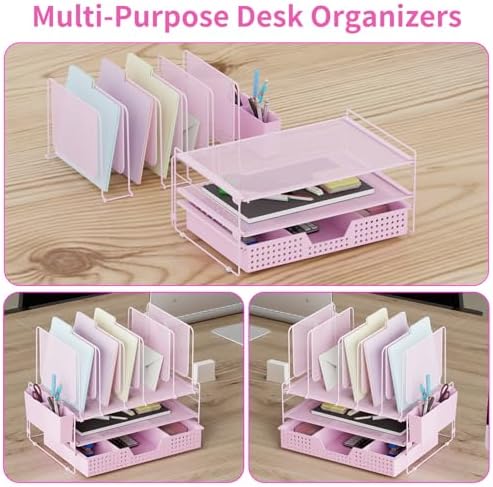 LEKETREE Pink Desk Organizer, Office Organization with Vertical File Holder, File Organizer with Drawer and Pen Holder, Desk Accessories and Workspace Organizers for Home Office (Pink) - Image 6