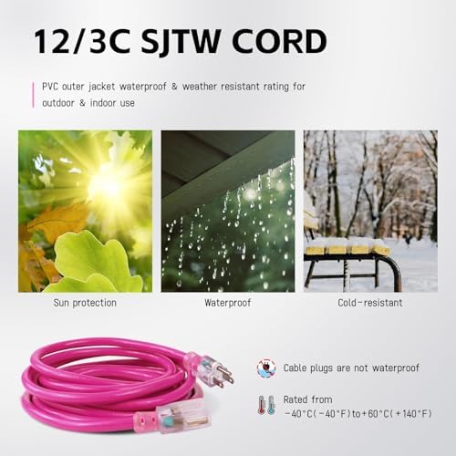 EP 6 Ft 12/3 SJTW Lighted Outdoor Extension Cord, Pink - Image 6