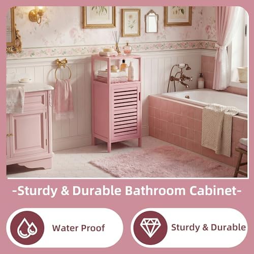 HITNET Small Bathroom Storage Cabinet, Bamboo Floor Cabinet Single Door, Freestanding Narrow Side Organizer for Living Room Hallway Entryway, Pink - Image 4