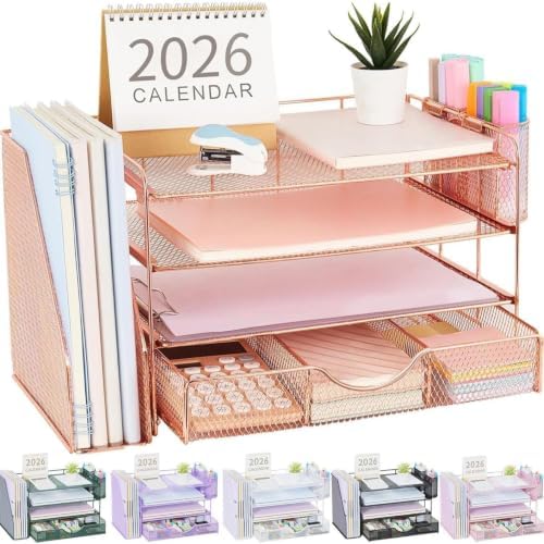 gianotter Desk Organizers and Accessories with File Holder, 4-Tier Desk Accessories & Workspace Organizers with Drawer and 2 Pen Holder, Paper Organizer for Office Supplies (Rose Gold) by gianotter